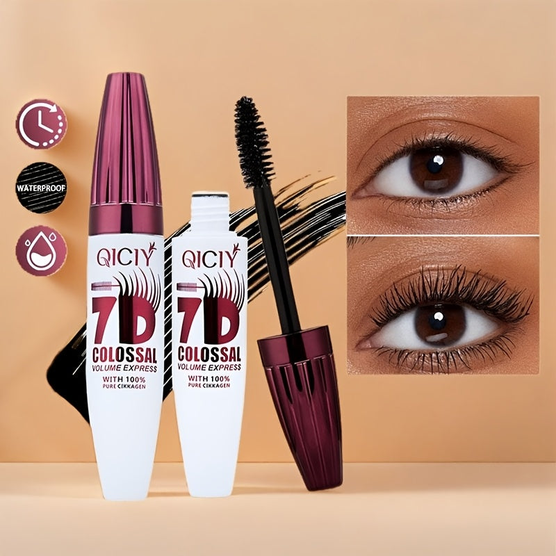 QIcy 7D Colossal Volume Waterproof Mascara - Natural, Smudge-Proof, Long-Lasting Curl & Thick Black Lash Extension Primer with Fine Orchid Extract for All Skin Types, All-Day Eyelash