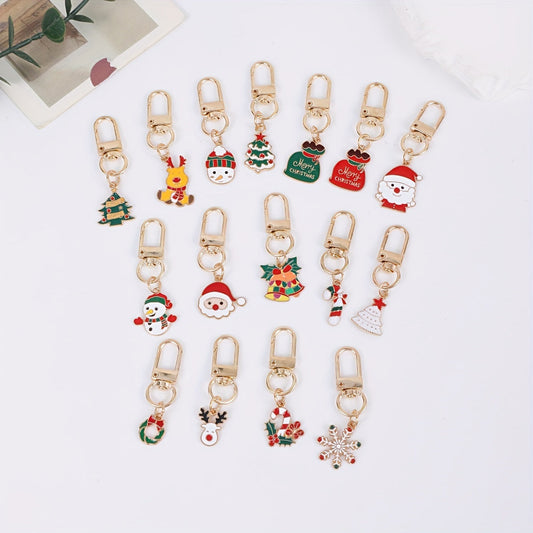 [Top Pick] Set of 16 Christmas-Themed Keychains featuring adorable Cartoon Alloy Metal designs of Santa, Reindeer, Snowflakes, Candy Canes, Bells, and Snowman.