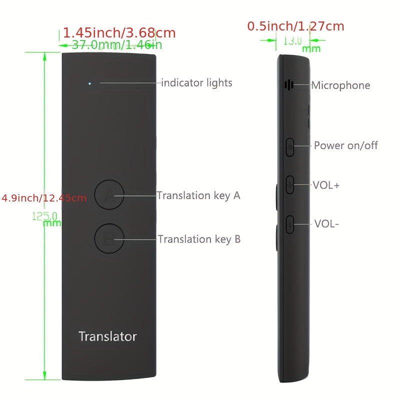 Black portable voice translator device with real-time 2-way translation in 69 languages. USB rechargeable and wireless, suitable for travel, learning, shopping, and business communication.