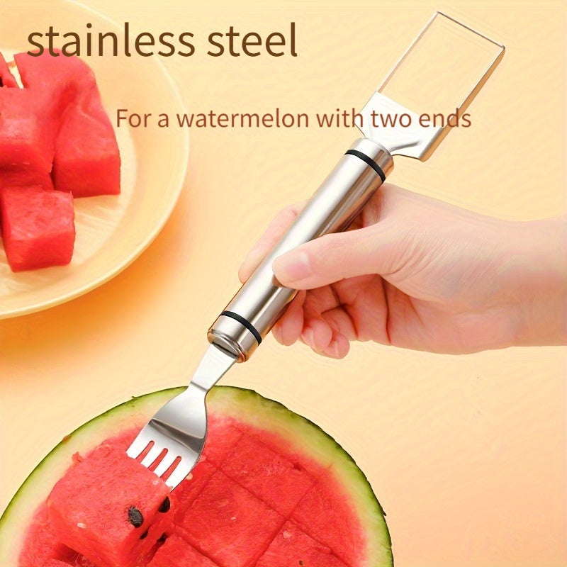 Stainless Steel Watermelon Slicer and Fork for easy, efficient cutting of perfect watermelon cubes, with an ergonomic handle and serving fork included.