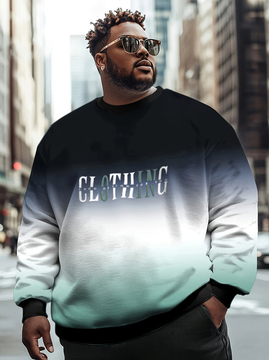 Men's plus size gradient color fleece-lined sweatshirt featuring "CLOTHING" print, made of a stretchy polyester blend with a round neck pullover design ideal for sports and casual wear.