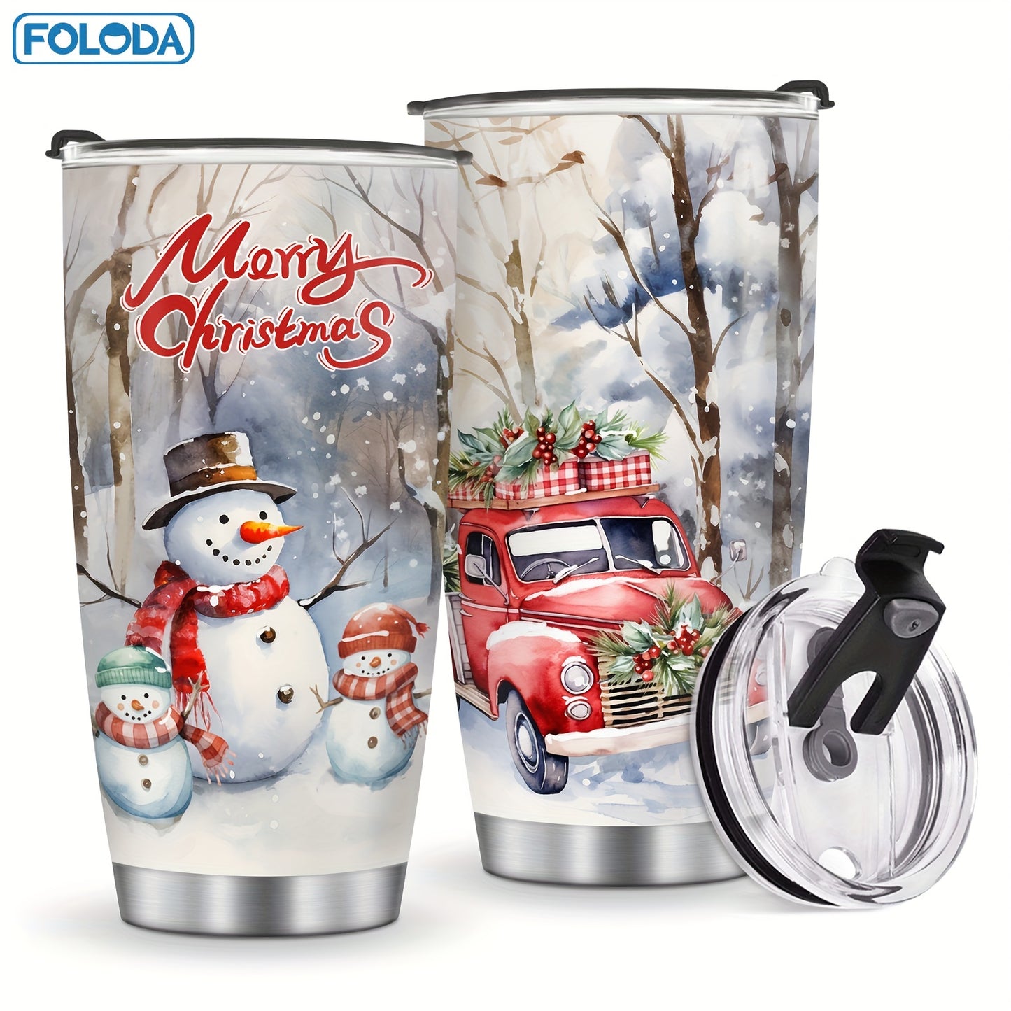 Red Truck Snowman Tumbler - 20oz stainless steel insulated Christmas mug. Perfect gift for men, women, friends, and teachers.