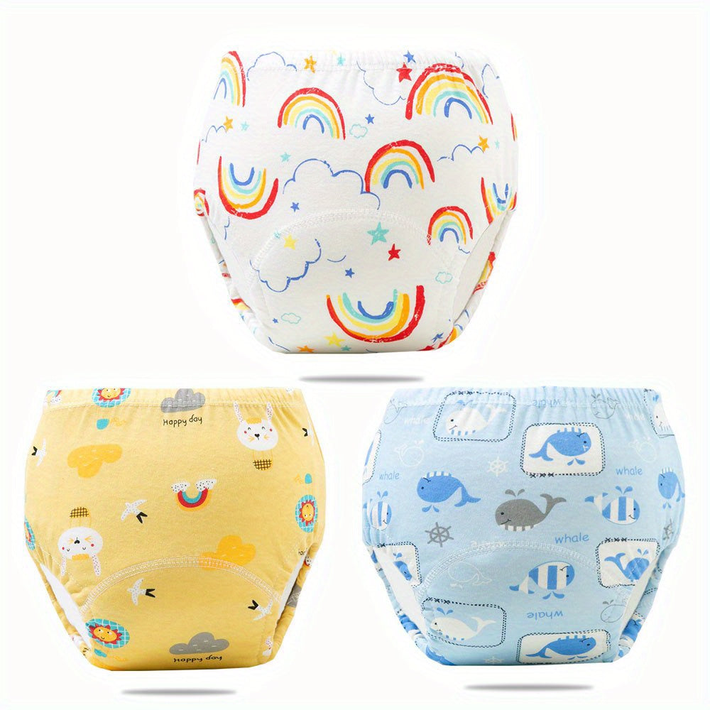 Three pieces of patterned potty training pants made of six-layer breathable cotton gauze for all seasons. These baby cloth diapers can also be used as children's diaper pants and are washable.