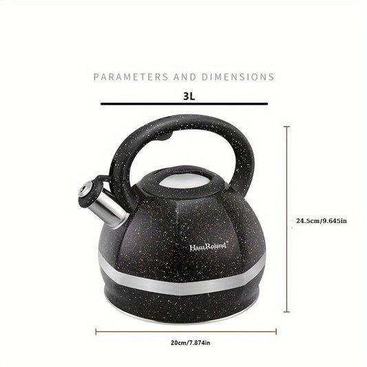 This 3L Hausroland Stainless Steel Tea Kettle has a heat-proof handle and whistles when it boils. It is suitable for both gas and electric stoves, and does not require electricity to operate.