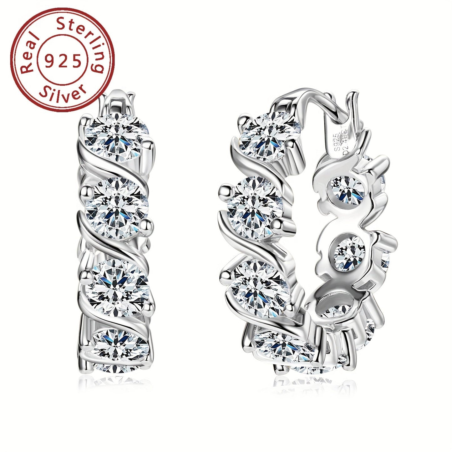 A beautiful pair of Moissanite earrings made with 925 sterling silver. These ladies earrings feature full diamond 4mm round Moissanite stones, with a total of 16 grains on each earring for a total carat weight of 4.8ct. The earrings have a silvery gram