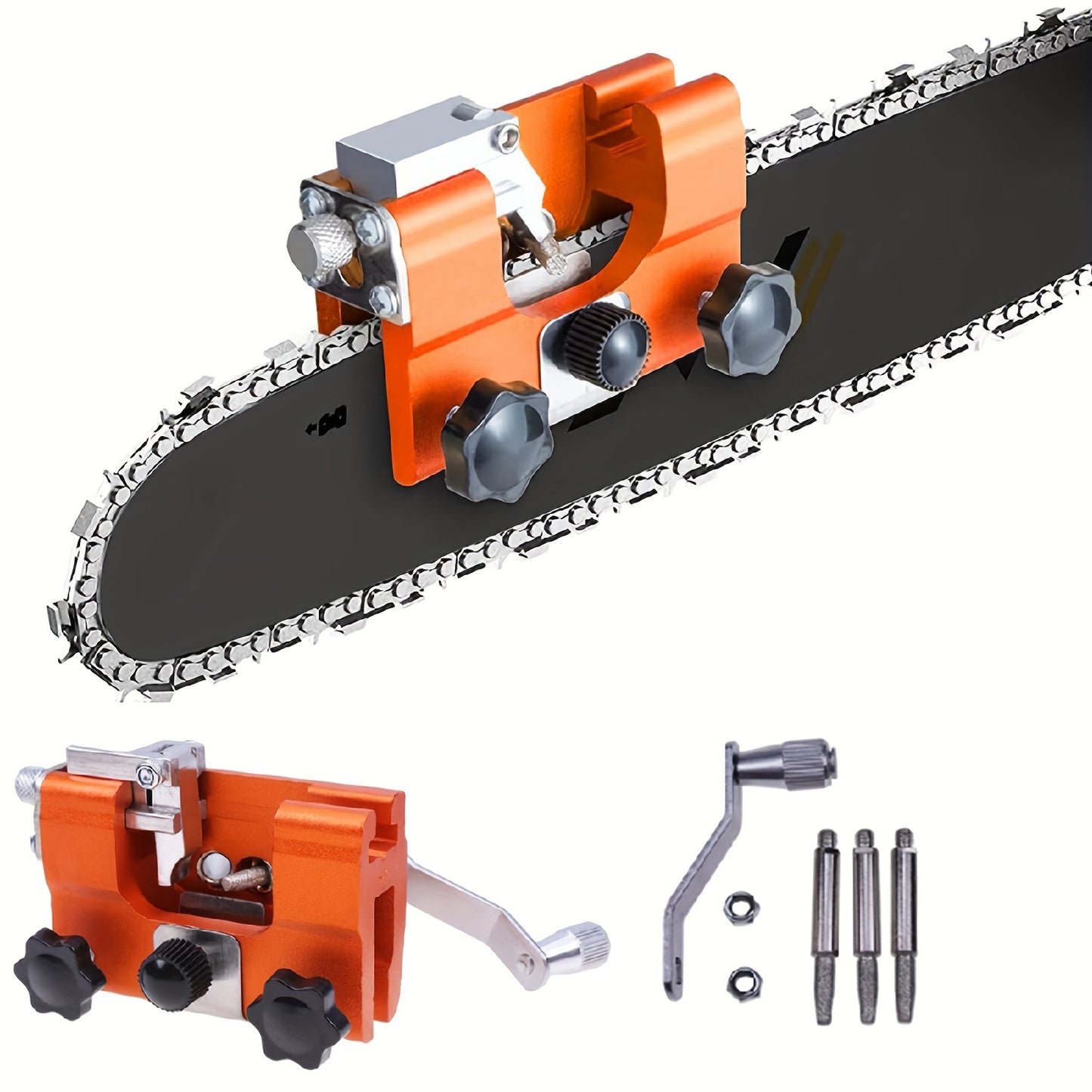 Hand-crank chainsaw sharpener for blades 20.32-55.88cm, ideal for outdoor equipment.