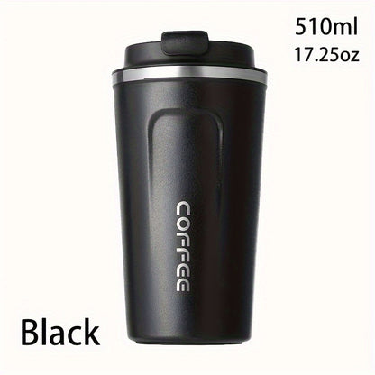 Reusable stainless steel travel mug in 12.85oz/17.25oz sizes, leak-proof and insulated for hot or cold drinks, ideal for both summer and winter, perfect birthday gift. Hand wash only.