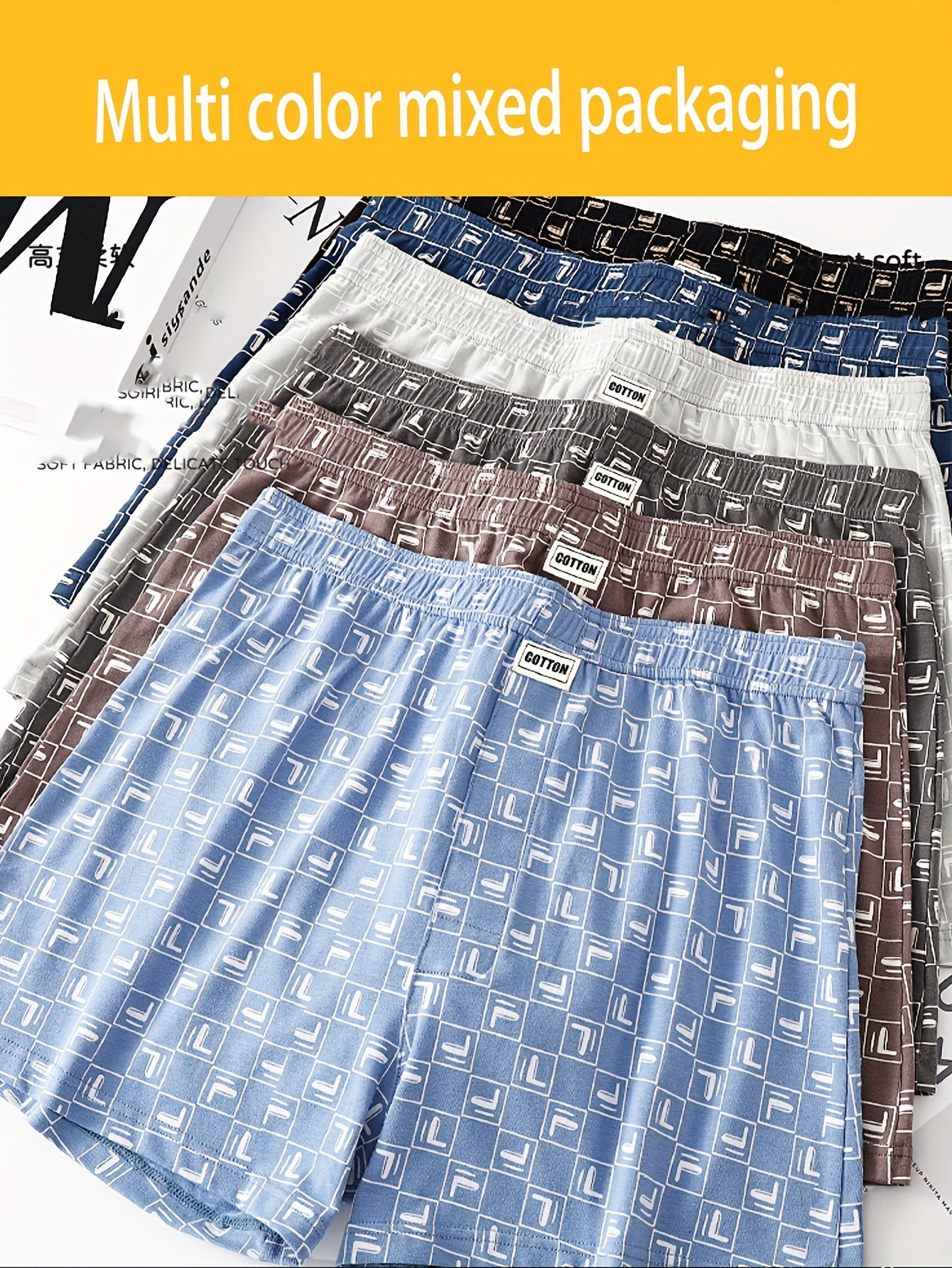 3 pieces of men's cotton boxer briefs featuring trendy plaid and denim-style patterns that are soft, breathable, and comfortable for casual wear and sleep with an elastic waistband.