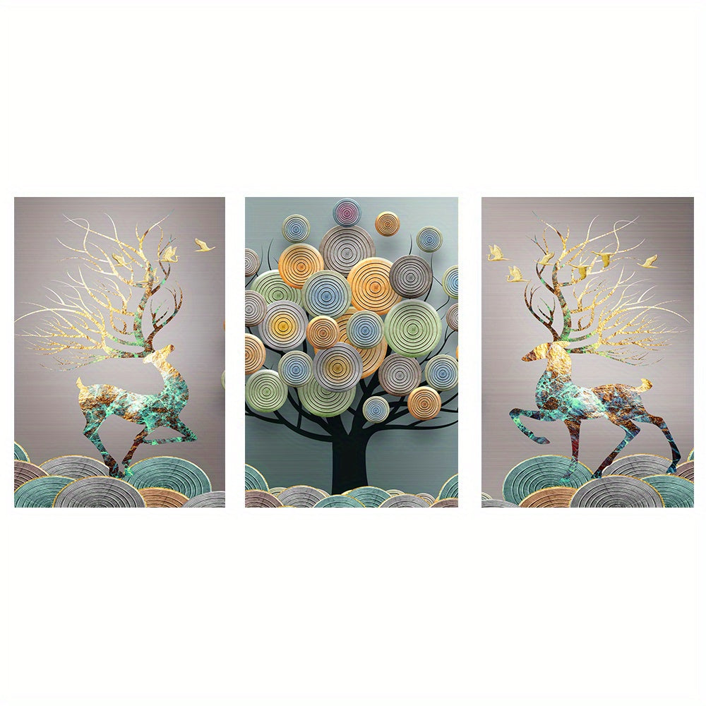 Frameless Chinese Feng Shui tree canvas painting for living room decor, 3 pieces, 15.7*23.6in.