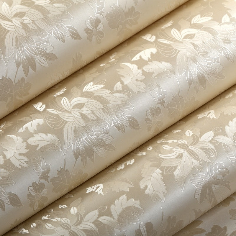 2 rolls of thick waterproof self-adhesive PVC wallpaper with European floral design on a cream background and delicate leaf patterns. Reusable for living room and bedroom decor.