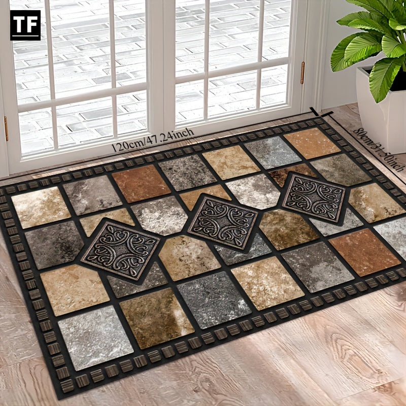 Antique Geometric Stone Tile Carpet - Crystal Velvet Print Material - Machine Washable and Easy to Clean - Non-slip Fashionable Floor Mat and Area Rug for Living Room, Bedroom, Kitchen, Laundry Room, and Home Office - Perfect Christmas Gift