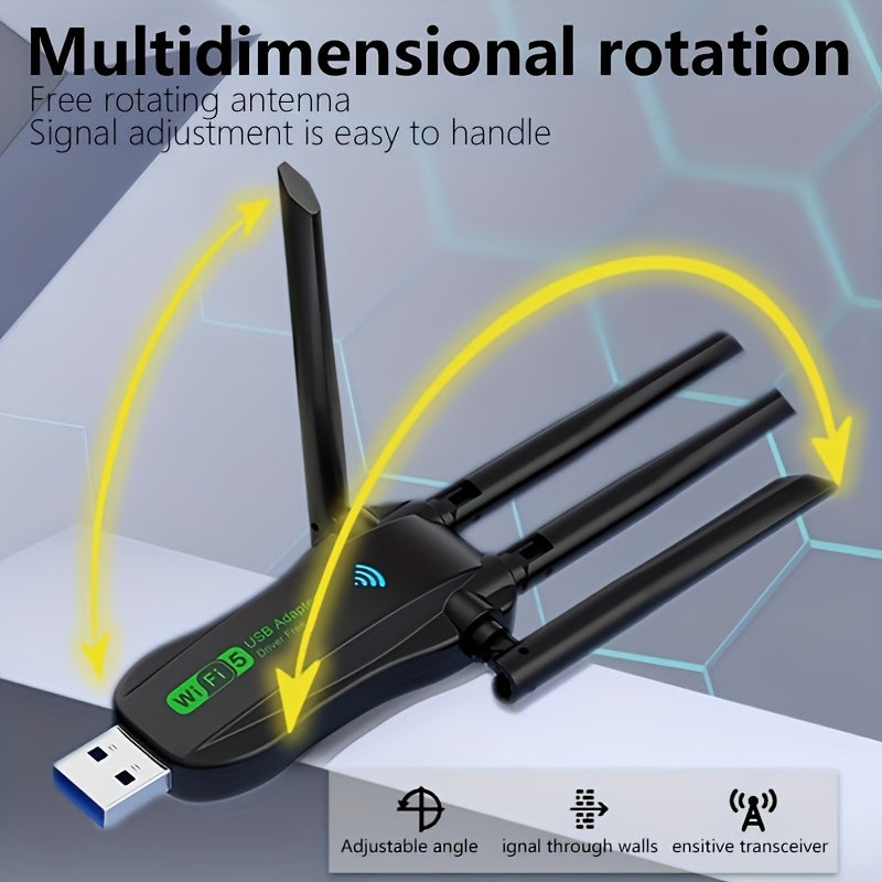 Dual-band 2.4G/5.8G Wifi adapter, 1300Mbps, USB interface, strong wall penetration, 4 antennas, high-speed internet, low latency, and reliable connectivity.