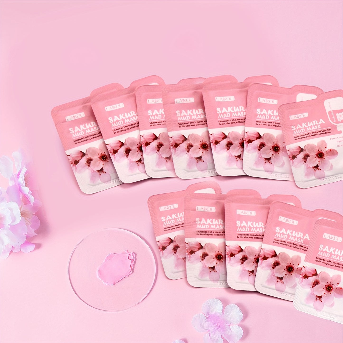 12 count of 5g Sakura Mud Mask with portable packaging for traveling, providing deep cleansing, moisturizing, and oil control.