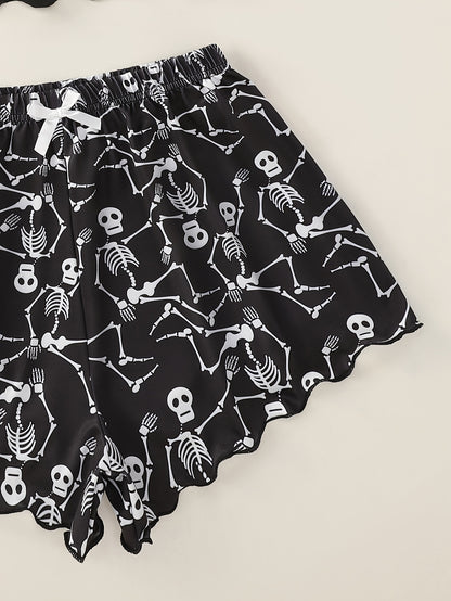 Skull print pajama set with lettuce trim tank top and shorts for women's loungewear and sleepwear at a music festival.