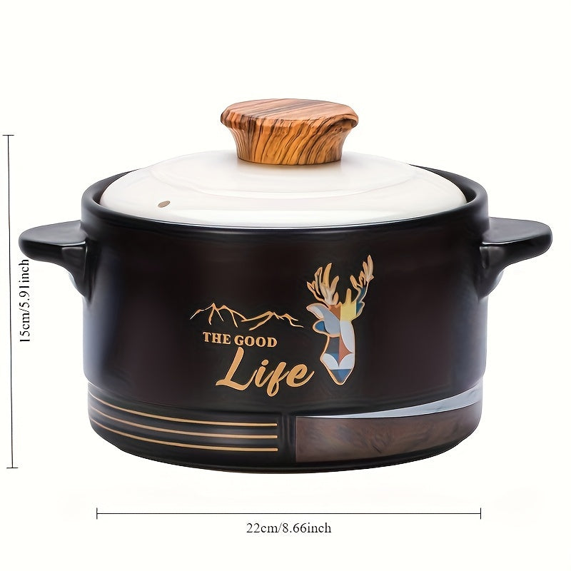 A versatile ceramic saucepan designed for baking and stewing, featuring two convenient ear handles, high heat resistance, and easy cleaning. This cooking pot can be used for preparing a variety of dishes including stews, pasta, desserts, and sauces. The