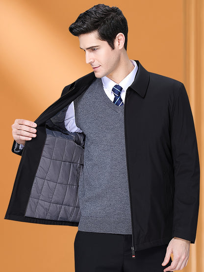 Men's Winter Thick Premium Lapel Jacket, 100% Polyester Solid Color Business Coat with Zipper Closure, Regular Fit