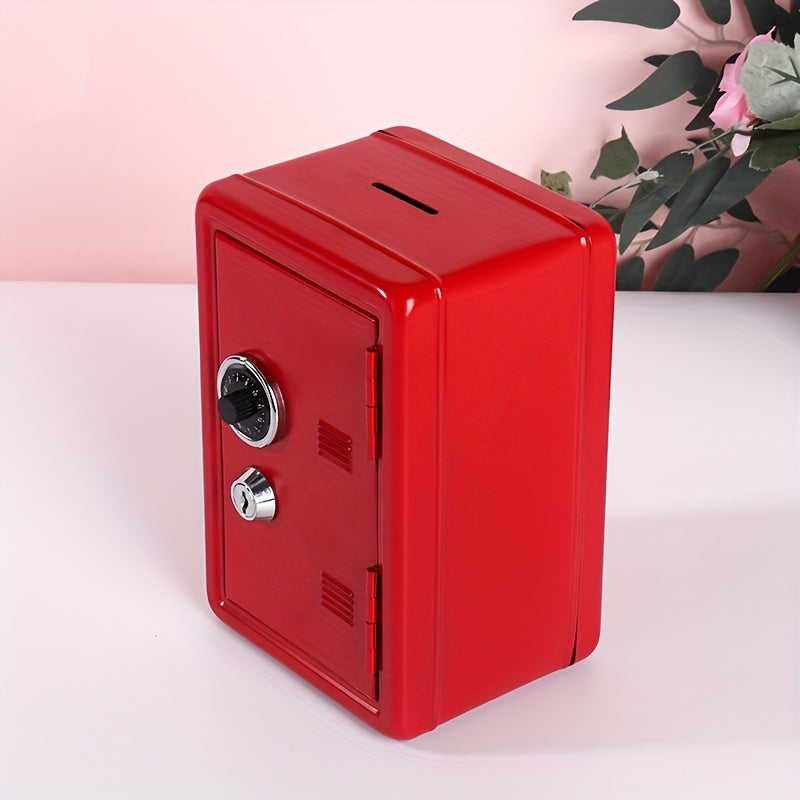 Secure metal money bank with key and combination lock for compact coin storage, ideal gift for cash storage or small gift.