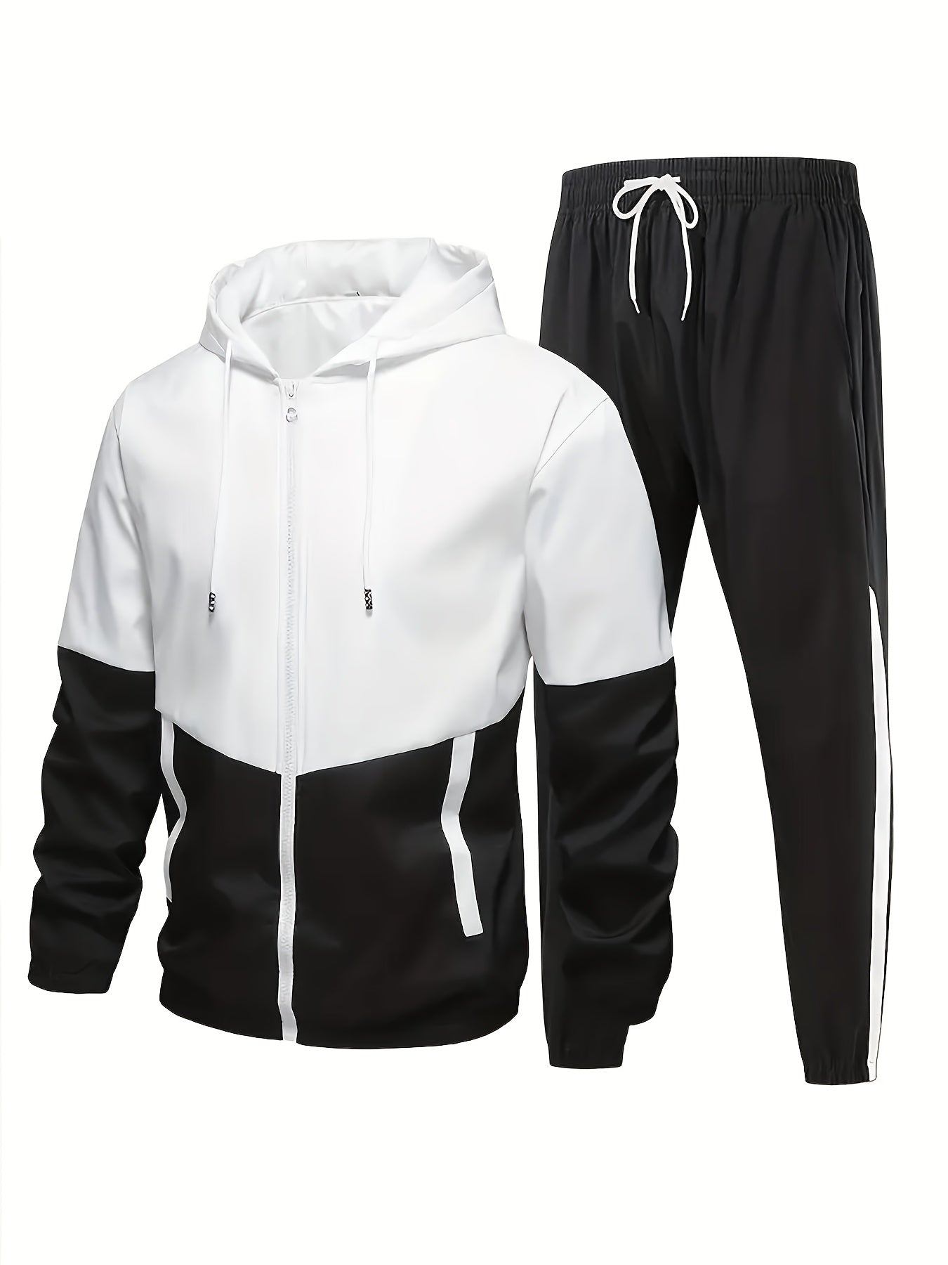 Men's sports casual suit with patchwork color, hooded jacket.