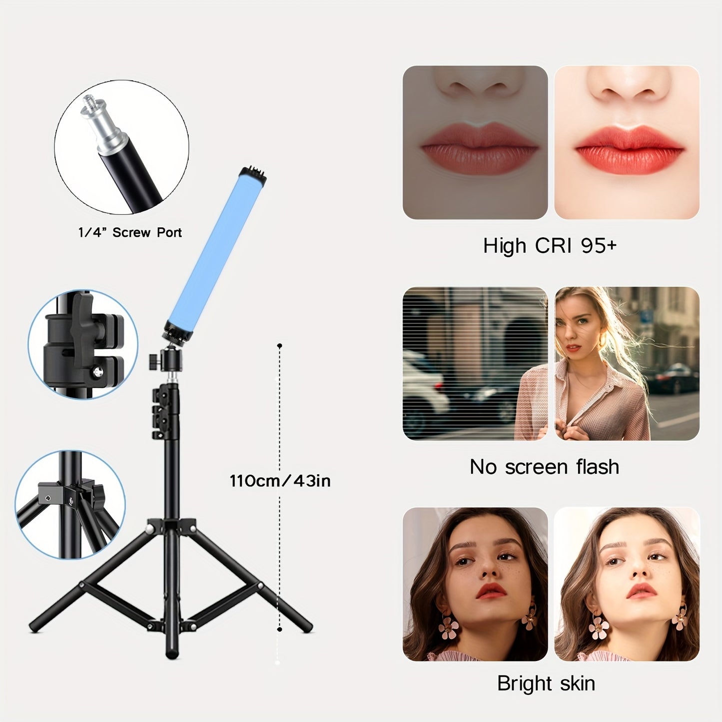 11-inch handheld RGB LED video light stick with adjustable color temperature (2700K-7500K) and USB rechargeable 18650 lithium battery. Non-waterproof with 95+ CRI and 1/4" screw for studio