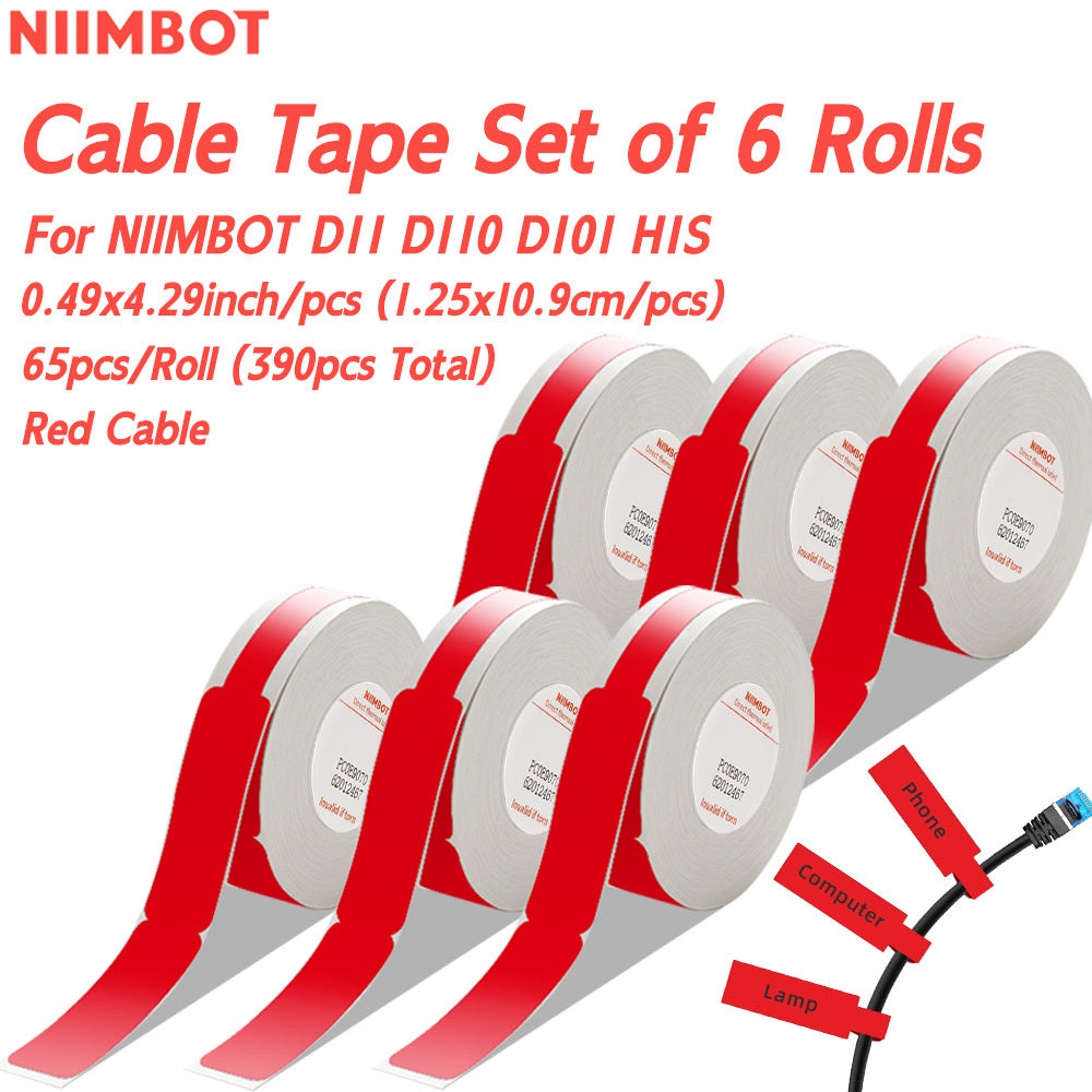 High-quality 6-piece NIIMBOT Thermal Label Tape Set for D11, D110, D101, H1S Printers. Features 1.19x10.9cm white labels with automatic identification chip. Ideal for home, school, office