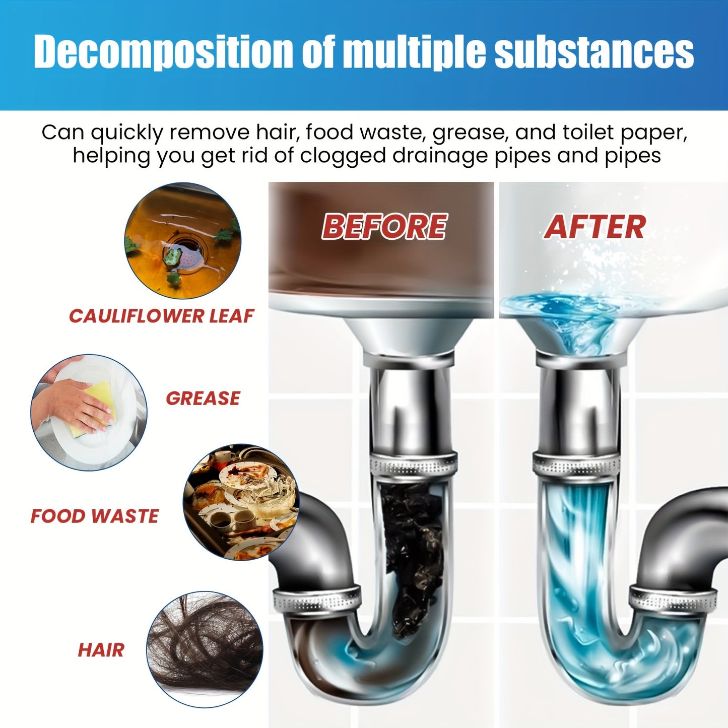 Jaysuing Drain Pipe Cleaning Powder - Removes clogs in pipes caused by hair, food residue, oil, and toilet paper.