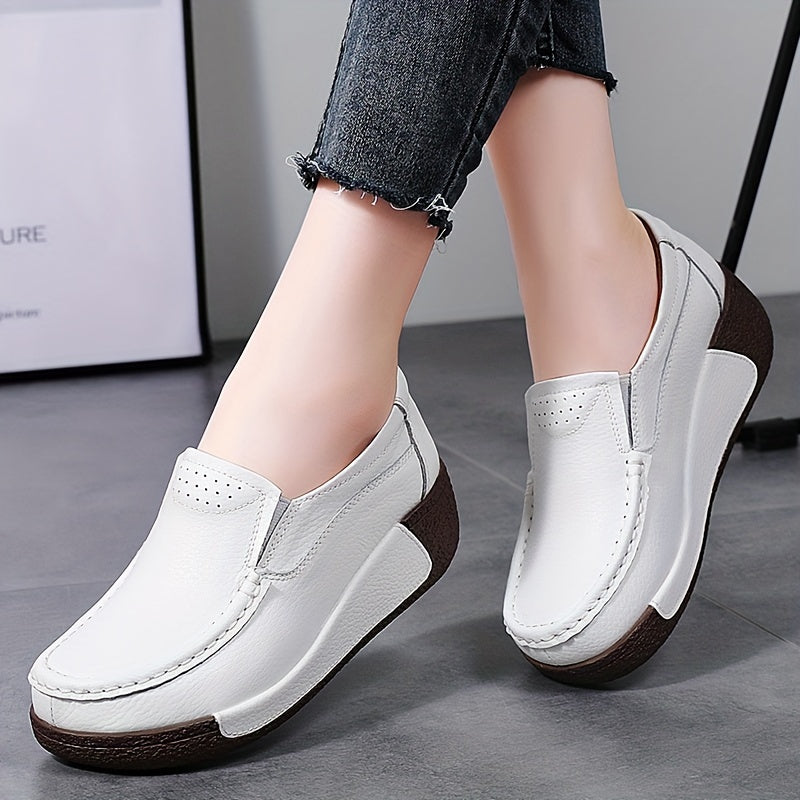 Women's slip-on loafers with mid-top design, round toe, mid heel, split cow faux leather upper, faux leather sole, all-season comfort.