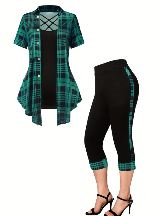 V Neck Short Sleeve Top & Capris Pants Set in Plus Size Plaid Print for Women