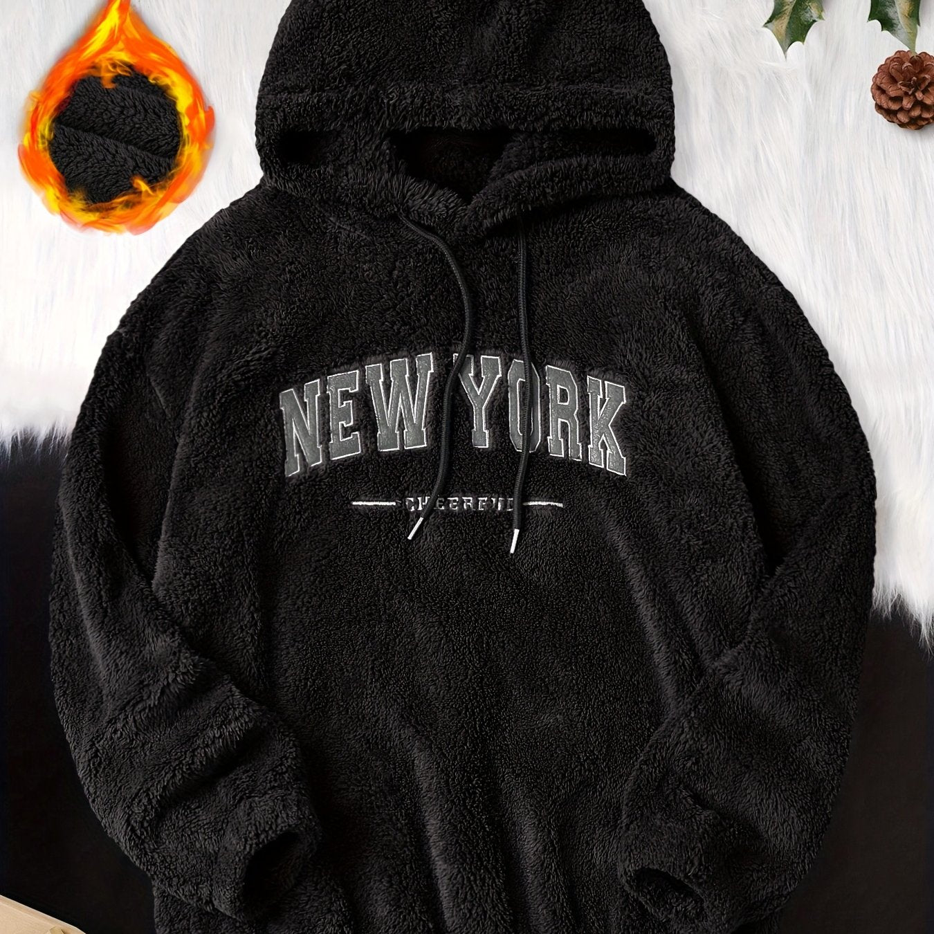 Men's cozy fleece hoodie with drop shoulder, embroidered "New York", perfect for winter/fall back to school.