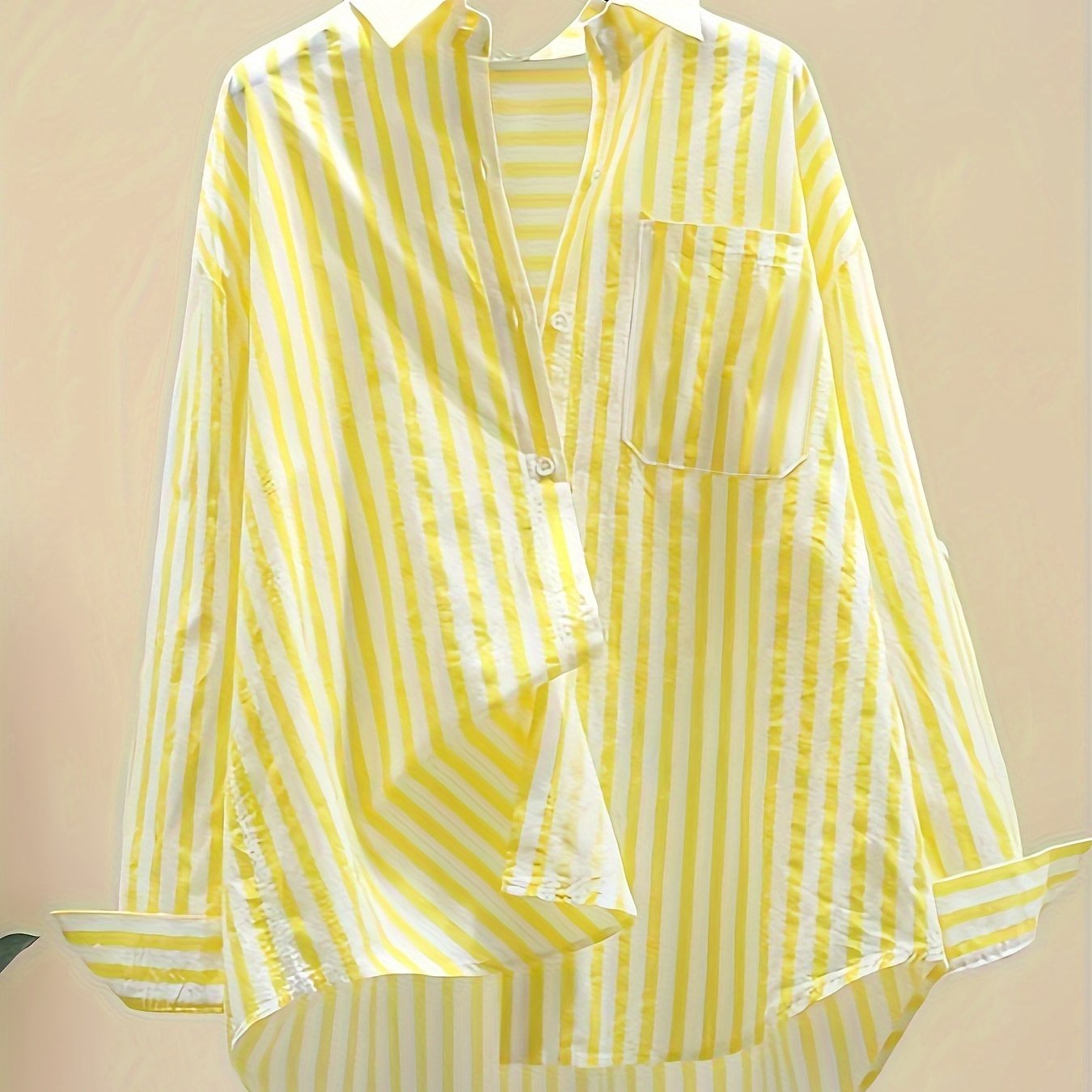 Women's Striped Button-Up Shirt: 100% Polyester, Long Sleeve, Lapel Collar, Casual Vacation Style, Sun Protection - Spring/Summer/Fall Collection