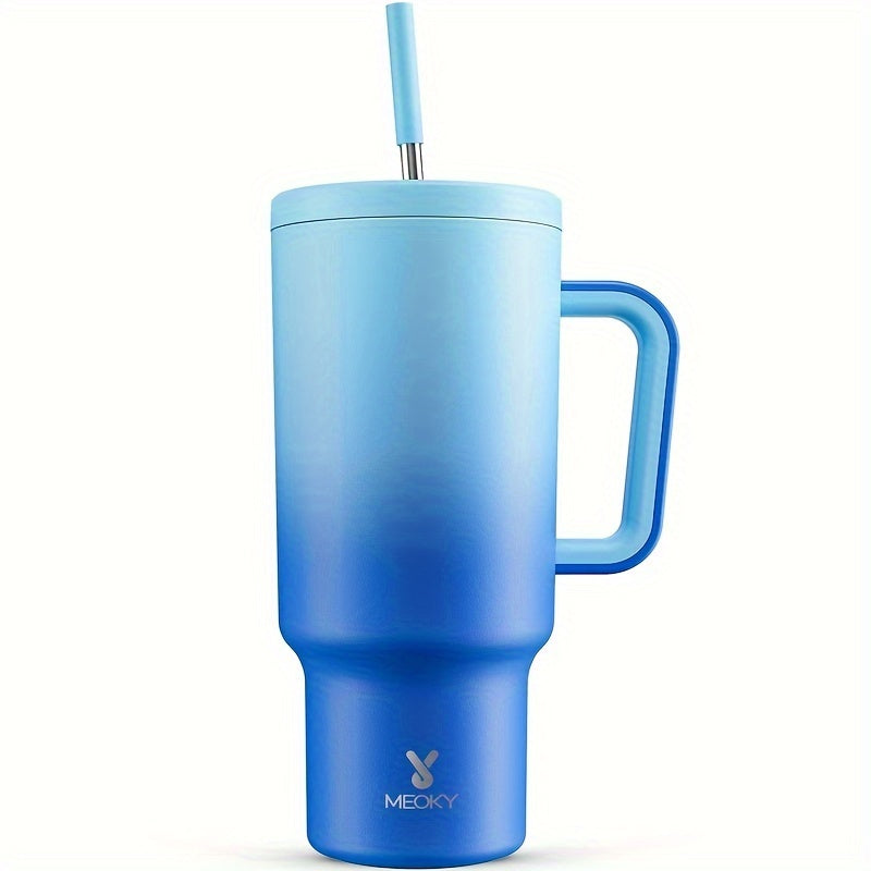 MEOKY 40oz Stainless Steel Tumbler with Lid, Straw, and Handle, Insulated, Leak Proof, BPA Free, Hand Wash Only, Perfect for Outdoor Activities.