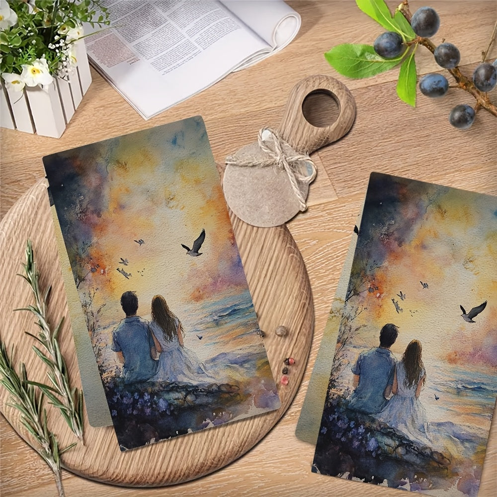 Two pieces of romantic sunset love kitchen towels - made from ultra soft and highly absorbent polyester, measuring 40.64x60.96 cm. These dish hand towels feature a vibrant sky design, perfect for holiday decor. They are machine washable for easy care.