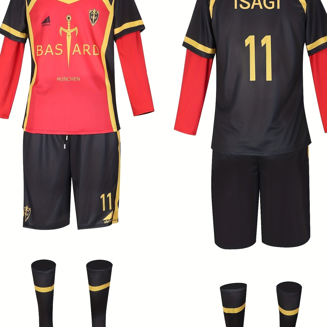 Caesar No. 10 Anime Character Cosplay Outfit, No. 11 Isagi, complete set of 4pcs including shirt, shorts, socks, and sleeves.