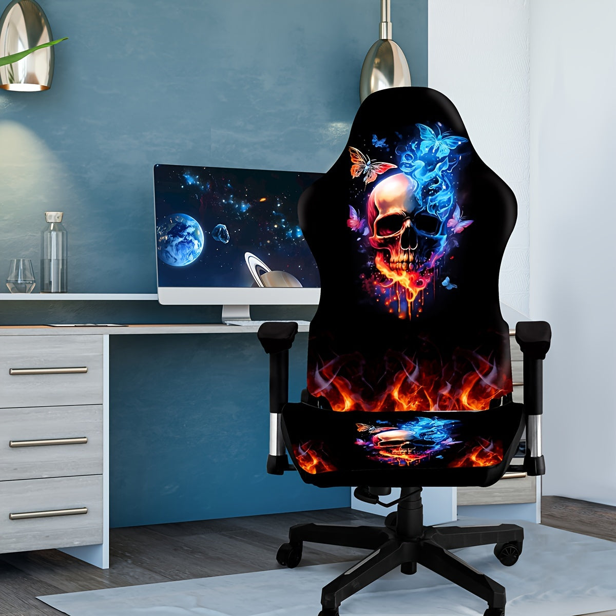 Stretchable and washable gaming chair cover with eclectic skull design, made of premium milk fiber fabric. The one-piece slipcover boasts high elasticity and easy fit, featuring a digital