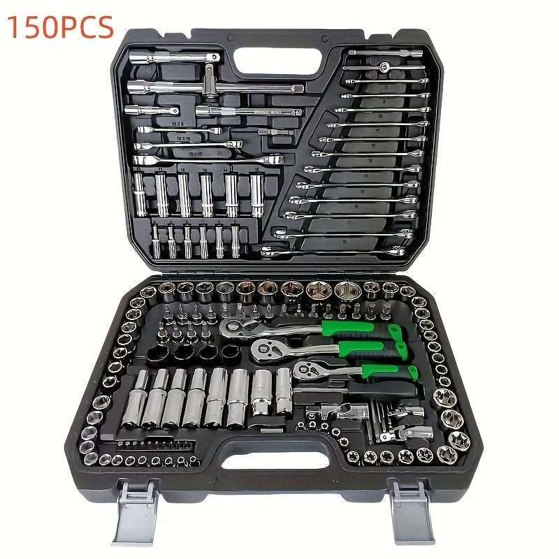 150-piece Chrome Vanadium Steel Socket Wrench Set with Torx Bit Kit for auto and home repair, includes storage case, ready to use with no assembly required, battery not included.