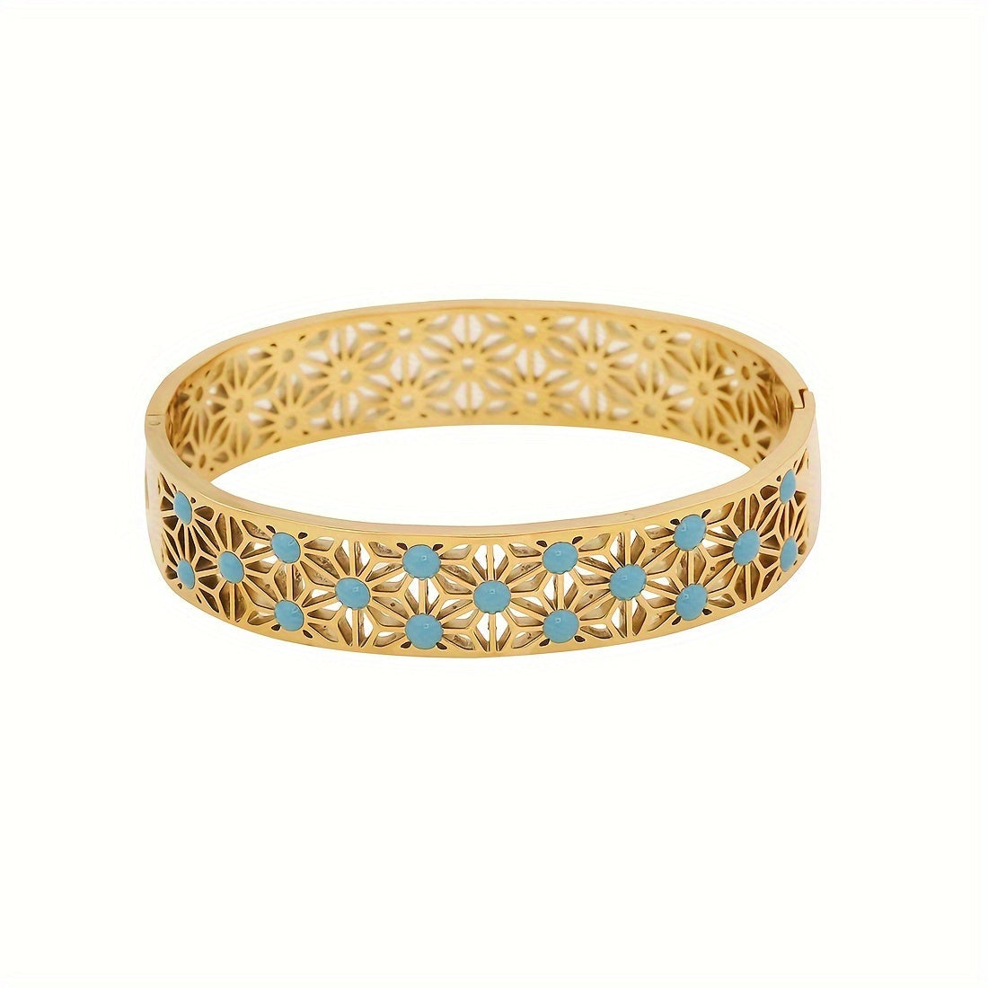 1pc of Vintage Style 18K Golden Plated Stainless Steel Bracelet featuring Turquoise Inlay and Hollow Pattern Design, specially designed for women as a Daily Wear Jewelry piece. This bracelet is the perfect Valentine's Day Gift.