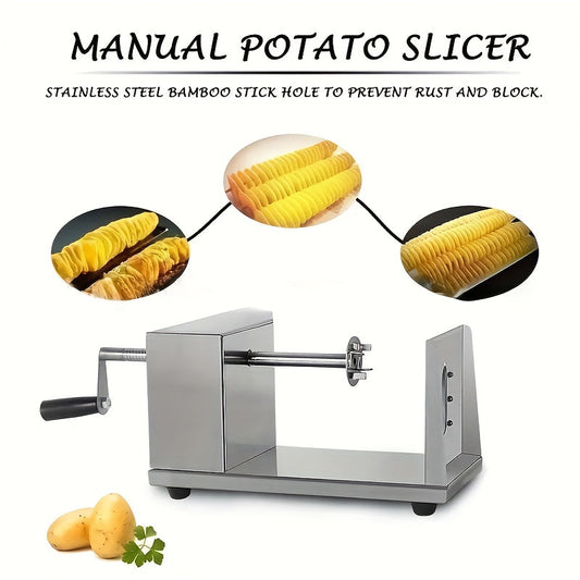 Manual potato slicer made of stainless steel with an alloy steel blade. This slicer is hand-operated and does not require any power. It has a rectangular shape and can be used to spiralize vegetables and fruits.