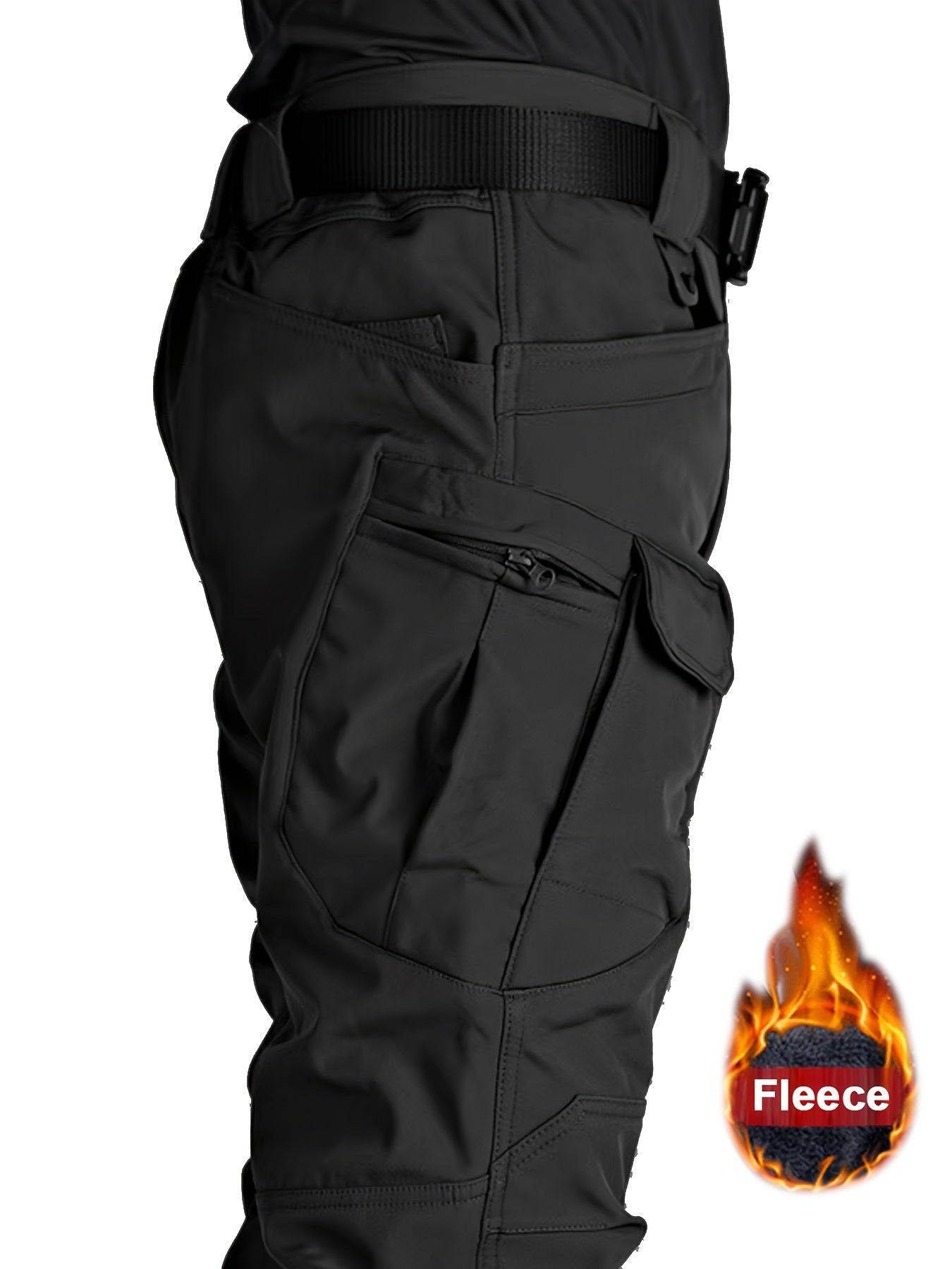 Fleece-lined tactical pants for men, made with warm, durable polyester-spandex blend. Features multiple pockets, adjustable waistband, and casual style for winter outdoor activities.