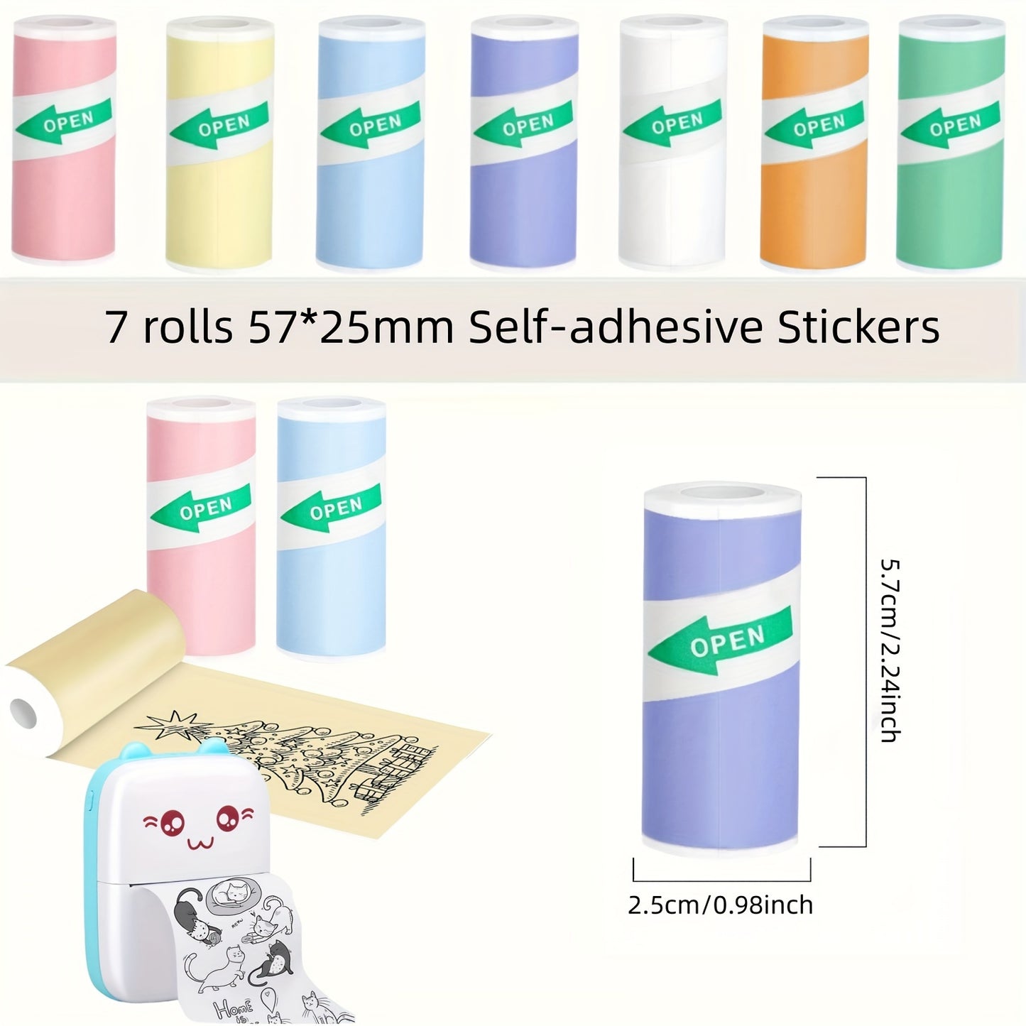 Colorful adhesive stickers in rolls, 57*25mm, suitable for mini printers/Polaroid cameras, ideal for inkless printers, study notes, work, photos, and memos. Glossy finish, compostable