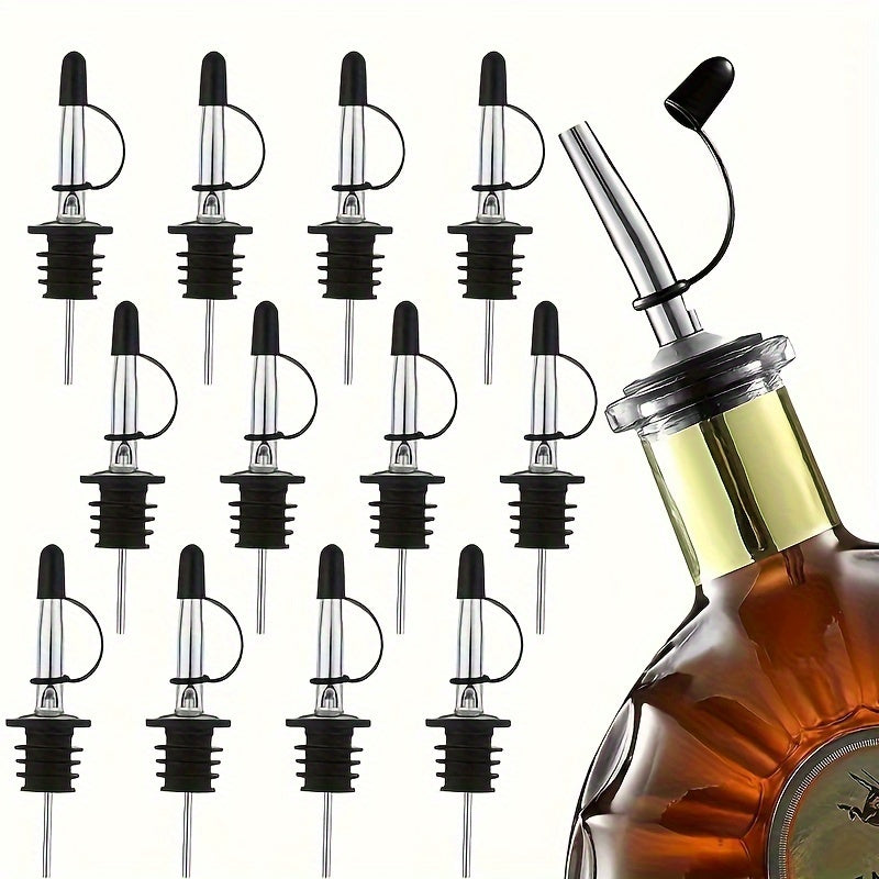 Stainless steel pourers in sets of 4, 6, 8, or 12 with rubber dust caps for liquor and vinegar bottles.