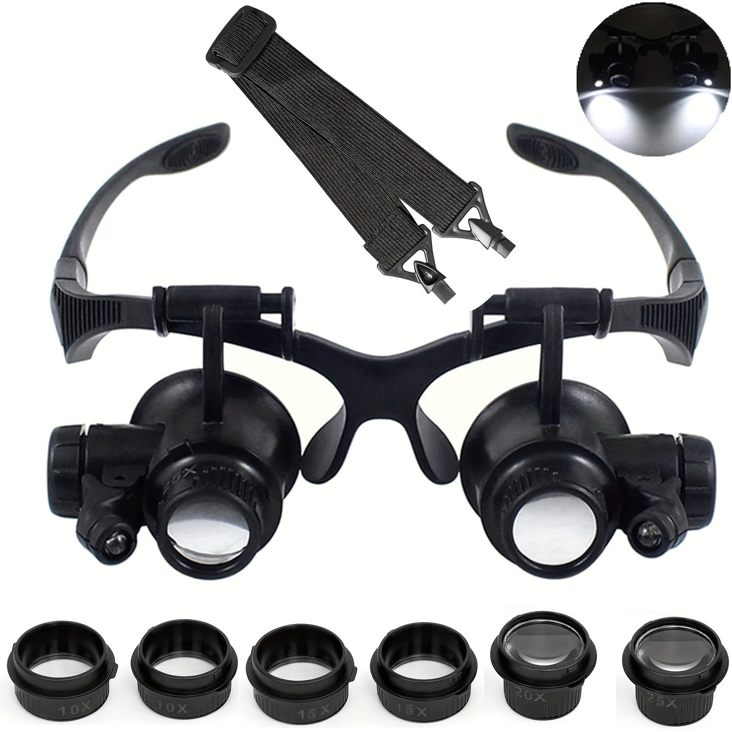 Headband magnifier glasses set with 10X, 15X, 20X, and 25X lenses. Hands-free head-worn loupe visor with LED light for various tasks. Battery powered with non-rechargeable button batteries.