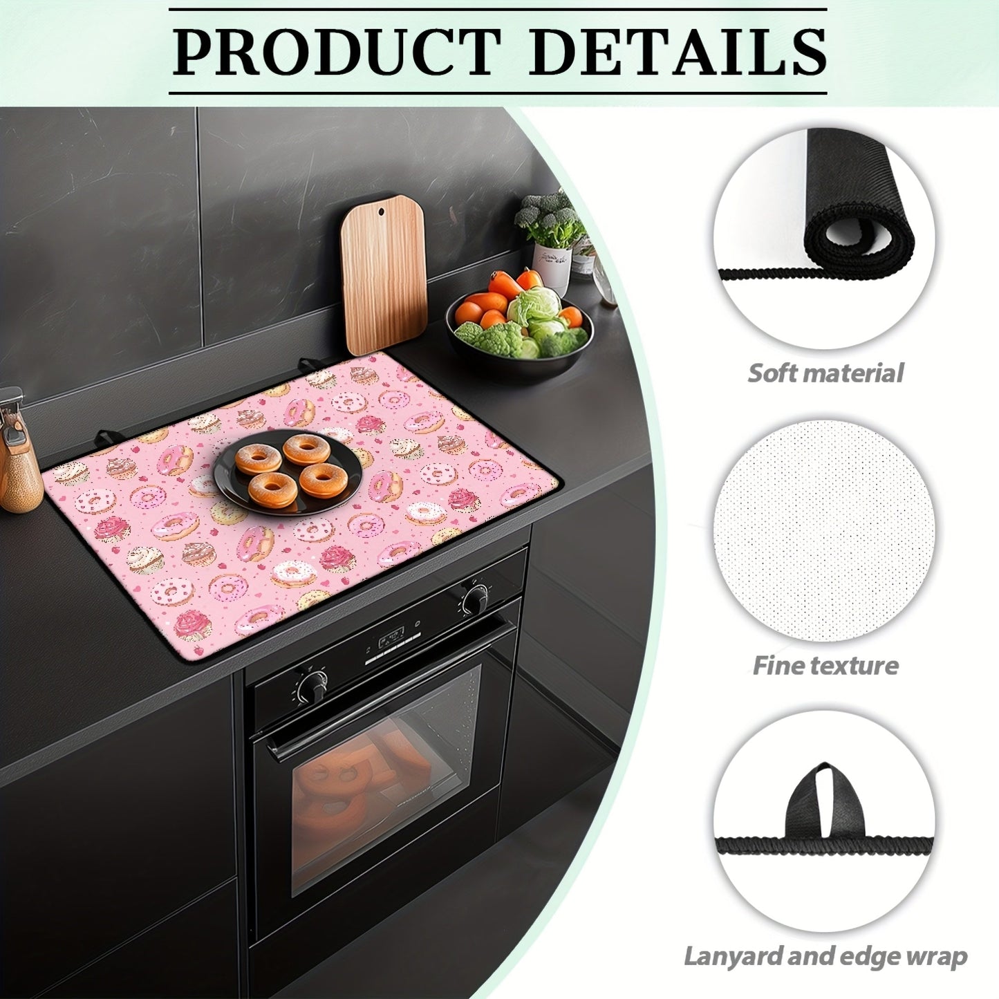 Heat-resistant stovetop cover featuring a fun donut pattern made of durable polyester. This non-slip cooktop protector mat is safe for glass ceramic stovetops and also doubles as a rubber anti-scratch ironing pad. A versatile kitchen accessory that adds