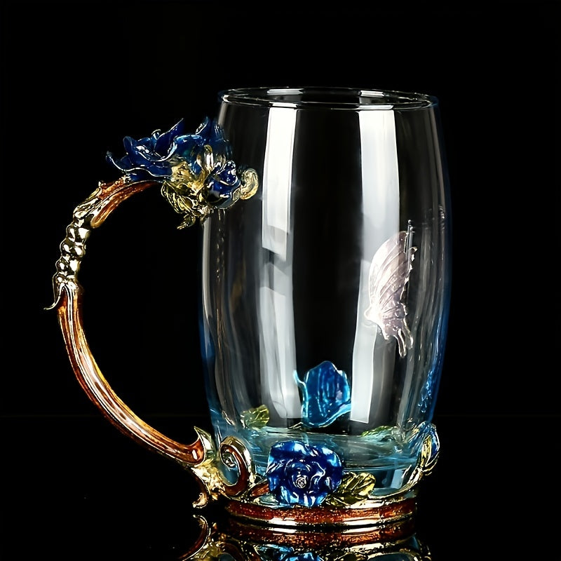 Rose enamel crystal tea cup with butterfly and rose design, includes spoon, clear glass.