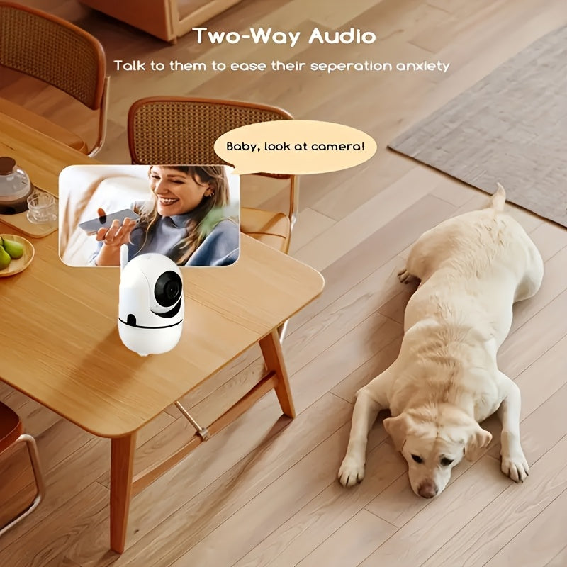 WiFi-enabled home security camera with 1080p resolution, infrared night vision, motion detection alerts, two-way audio, wireless surveillance capabilities, USB power option, and pan/tilt control. Compatible with mobile devices (SD card not included).