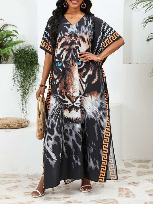 Plus size tiger print V-neck cover up for fall and winter beach vacations, with boho style loose fit