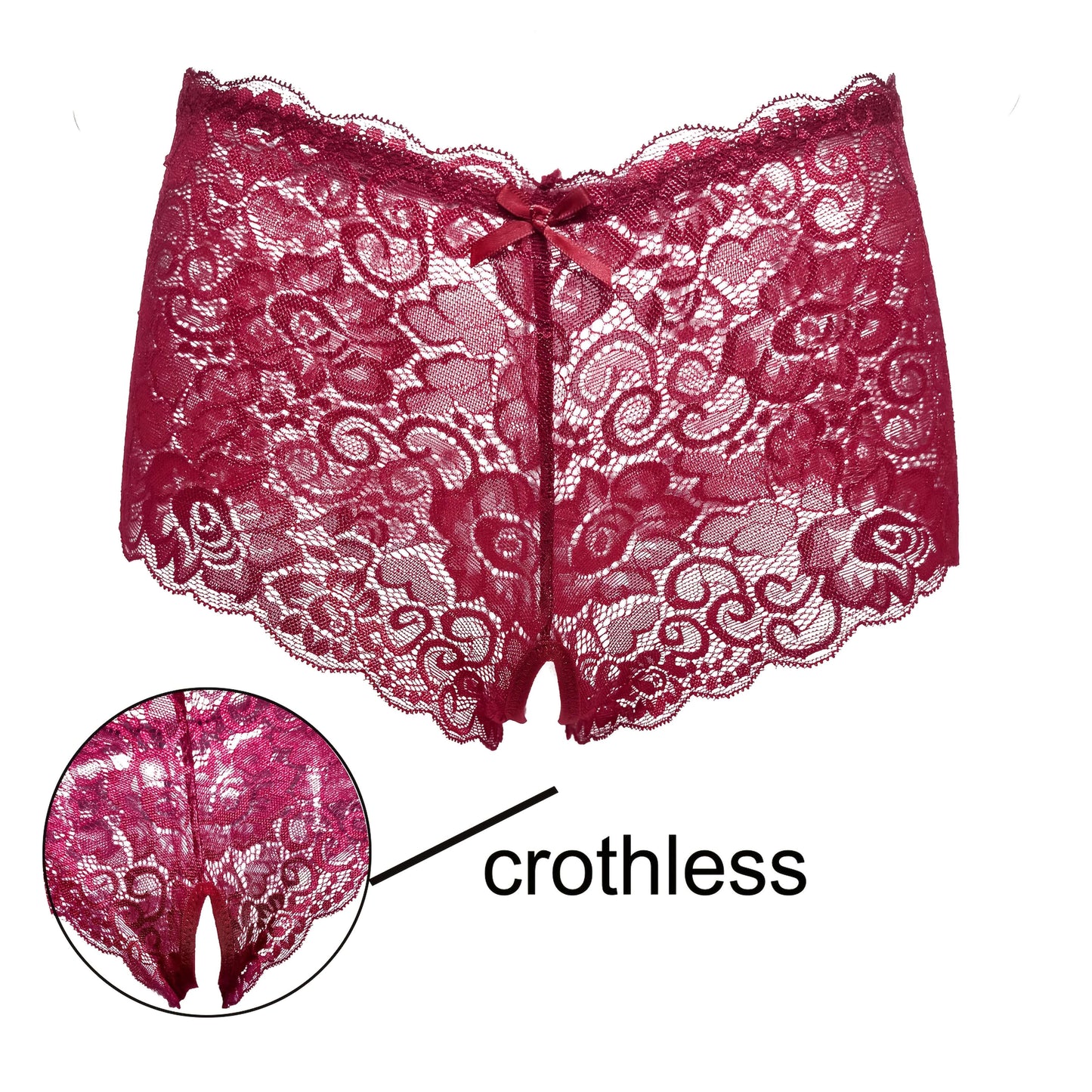 Valentine's Day lace open-crotch panties for women in red with bow details.