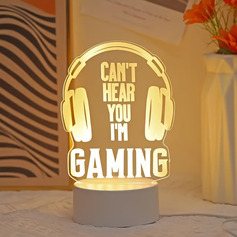 Modern USB-powered 3D gaming headset LED night light with striped design, ideal for desk and bedside decor - the perfect gift for gamers.