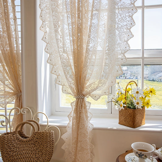 Beautiful French country lace sheer curtain with a floral design - featuring a rod pocket for easy hanging and light filtering for a cozy living room or bedroom décor.