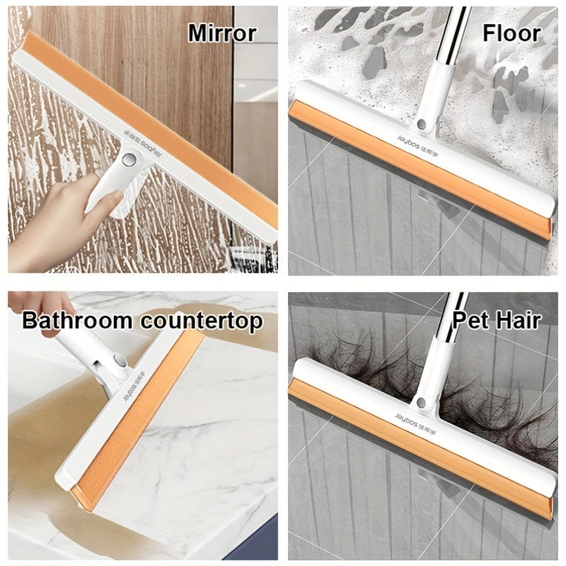 Multi-functional squeegee with stainless steel and plastic scraper, ideal for cleaning windows, tiles, glass, and removing pet hair and dust. Comes with a holder for easy storage. Perfect for use in the living room, bathroom, car, glass, walls, and