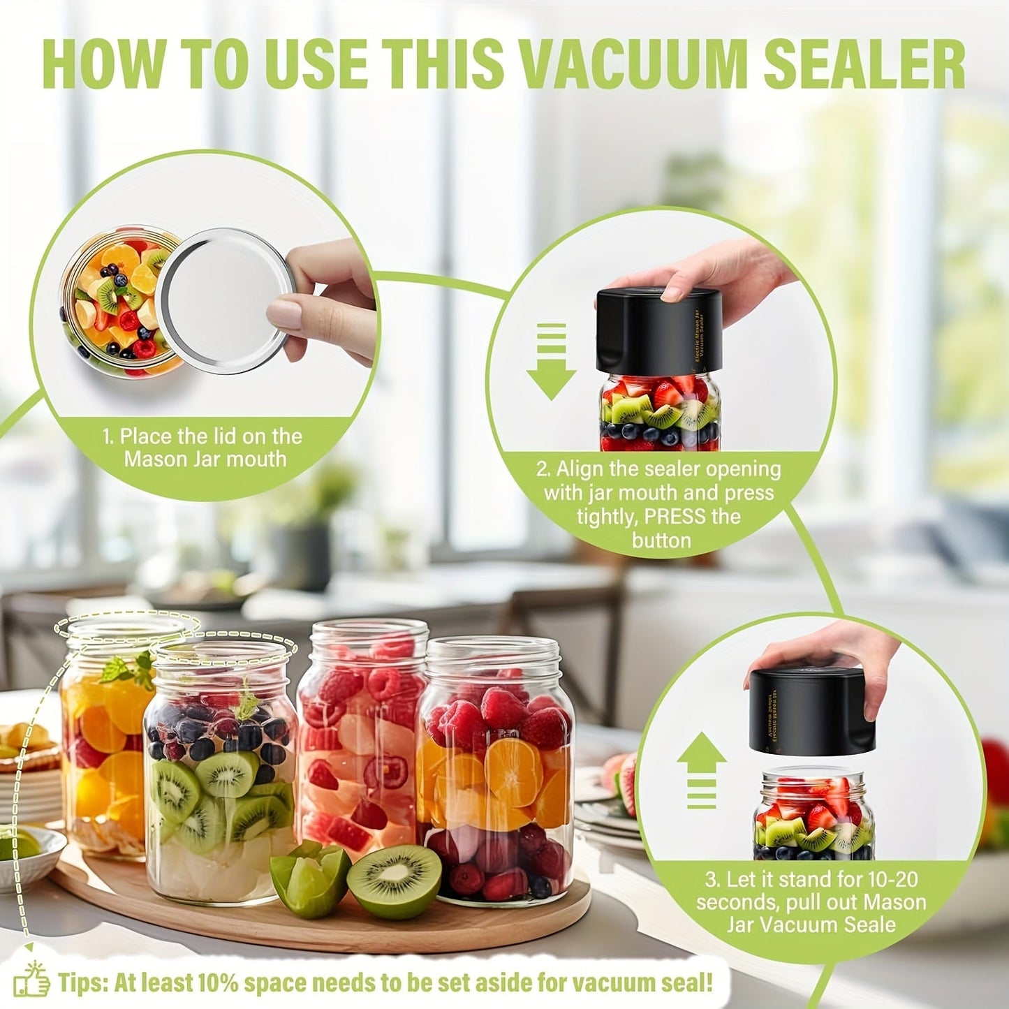 The Cordless USB Rechargeable Electric Mason Jar Vacuum Sealer Set includes a plastic vacuum seal machine with 10 lids. It features a built-in lithium battery with 1200mAh capacity, 5W semi-automatic operation, and is ideal for food preservation and