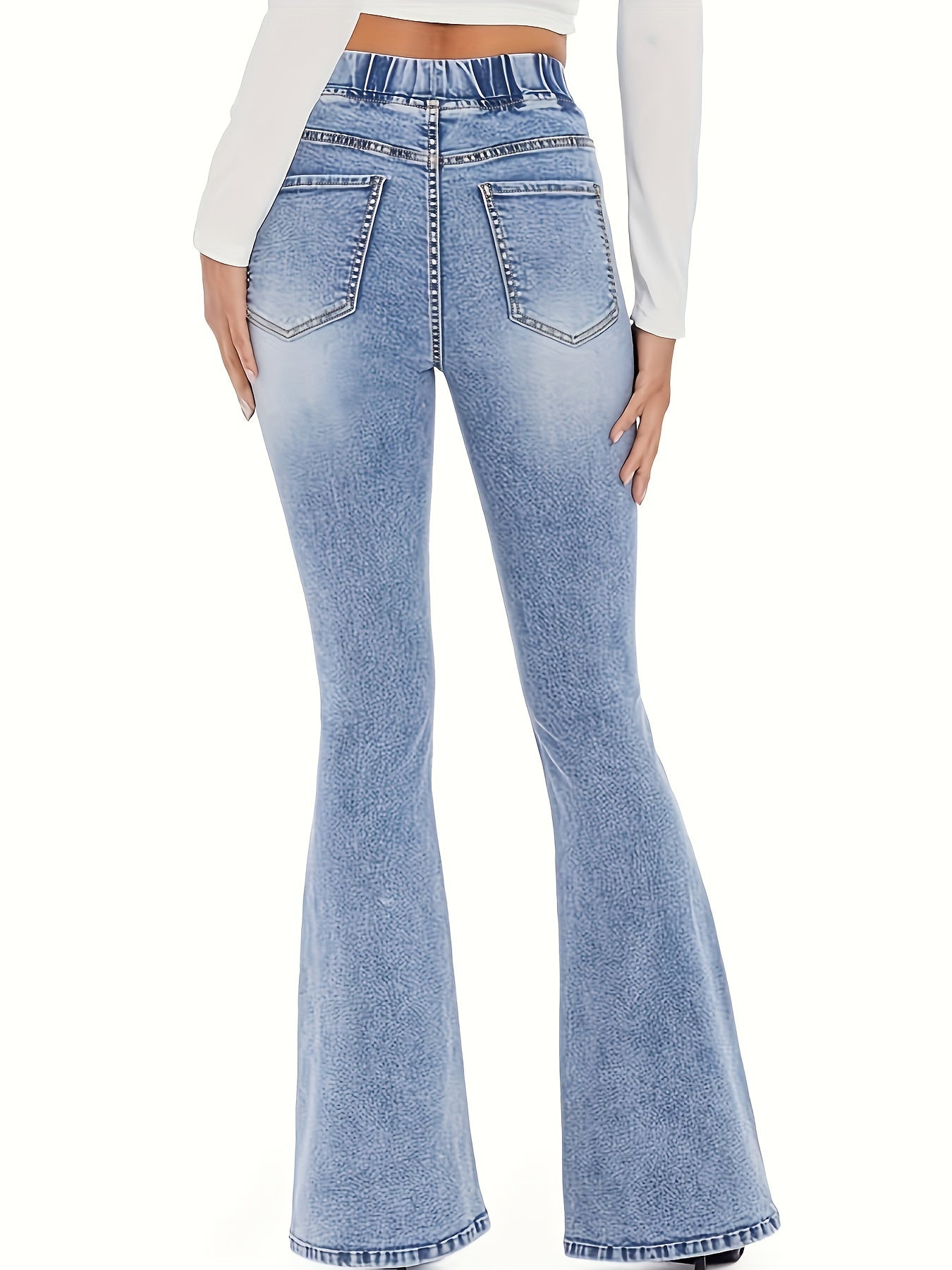 Women's high-waisted flare jeans in light wash blue, made of 65% cotton and 35% polyester blend. Features an elastic waistband, slant pockets, and smooth fabric. Suitable for casual or